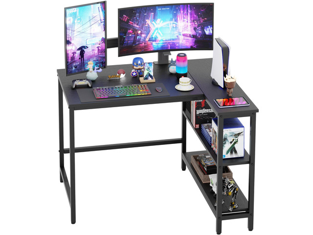 39 Inch L-Shaped Computer Desk,Gaming Desk with Durable Metal Frame,Corner Desk with Reversible Storage Shelves for Home Office Gaming Study,Black...