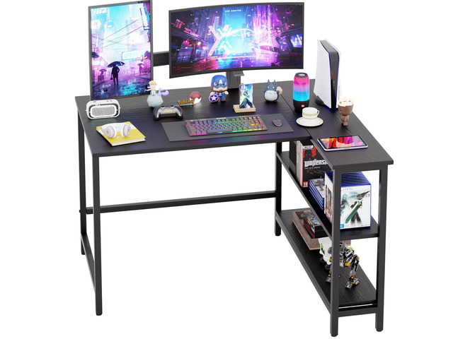 43 Inch L-Shaped Computer Desk,Gaming Desk with Durable Metal Frame,Corner Desk with Reversible Storage Shelves for Home Office Gaming Study,Black...