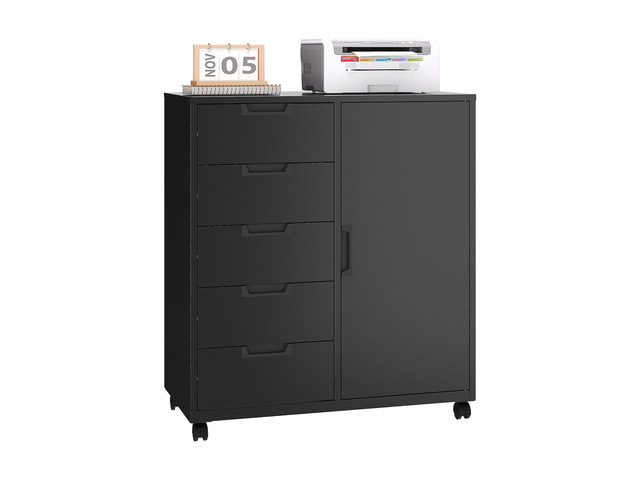 5 Drawer Metal Cabinet, Office Storage Cabinet w/Universal Wheels, Printer Stand with Storage Shelves, Rolling File Cabinets for Home Office(Black)