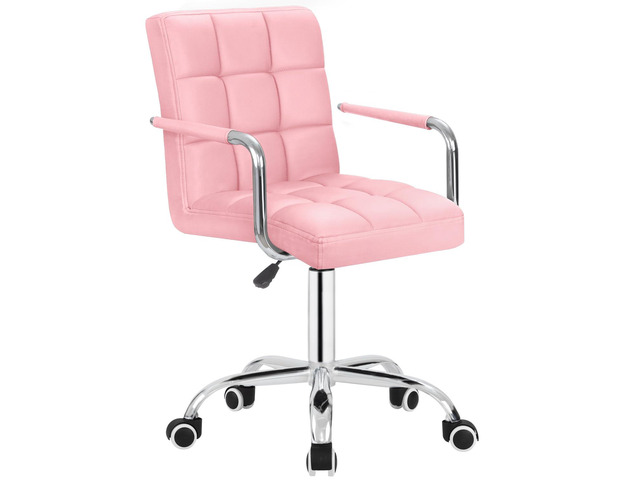 Modern Office & Vanity Desk Chair - Mid-Back Rolling Chair with Wheels, PU Leather, Cute for Office, Teen & Bedroom Desks (Pink)