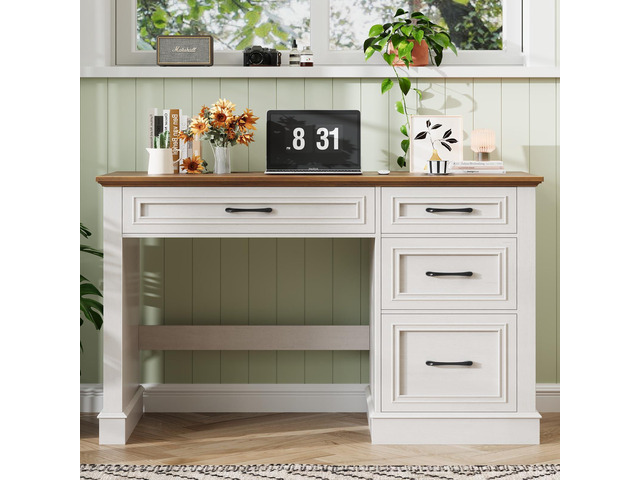 Farmhouse 47' Executive Desk with File Drawer, Computer Desk with 4 Drawers, Workstation for Writing, Study, Home Office, Unique White
