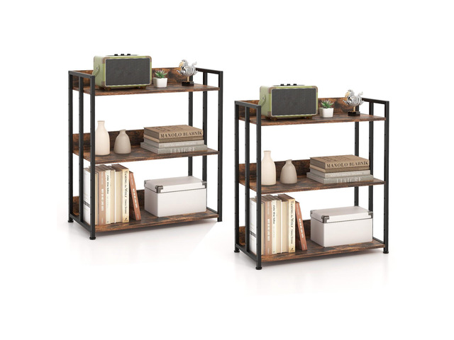 3-Tier Industrial Bookshelf Set of 2, Small Bookcase, Rustic Brown Display Standing Shelf with Adjustable Shelves, Foot Pads, Metal and Wood...