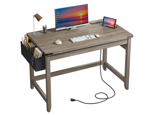40 Inch Small Desk with Storage Bag Detachable,Study Desk with Power Outlet, Modern Simple Home Vanity Desk and Writing Desk for Small Spaces,...