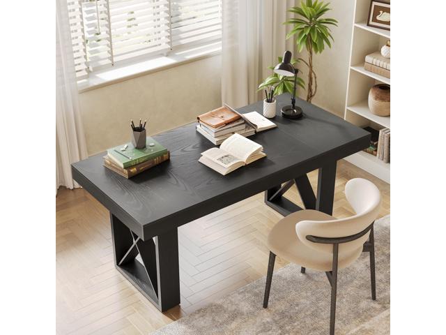 63-Inch Long Computer Desk, Simple Wood Thick Appearance Design, Study Writing Gaming Work Executive Desk for Home Office, Black