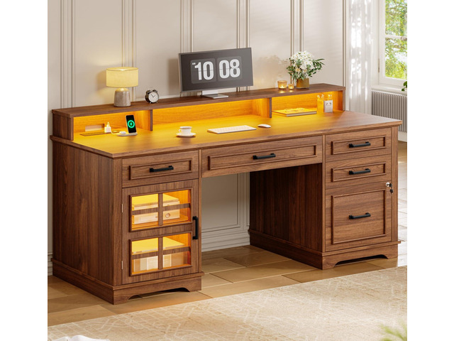 60'' Farmhouse Executive Desk with Drawers, Home Office Desk with Power Outlet & LED Light, Wood Computer Desk with Monitor Stand, Locking File...