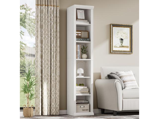Tall Narrow Bookcase, 6-Tier, White Maximizing Vertical Space, Modern Family-Style Design, Suitable for Living Room, Home Office, Bedroom