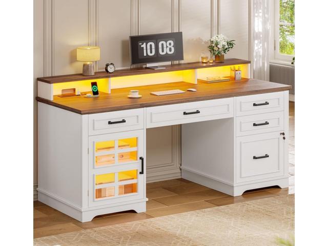 60'' Farmhouse Executive Desk with Drawers, Home Office Desk with Power Outlet & LED Light, Wood Computer Desk with Monitor Stand, Locking File.