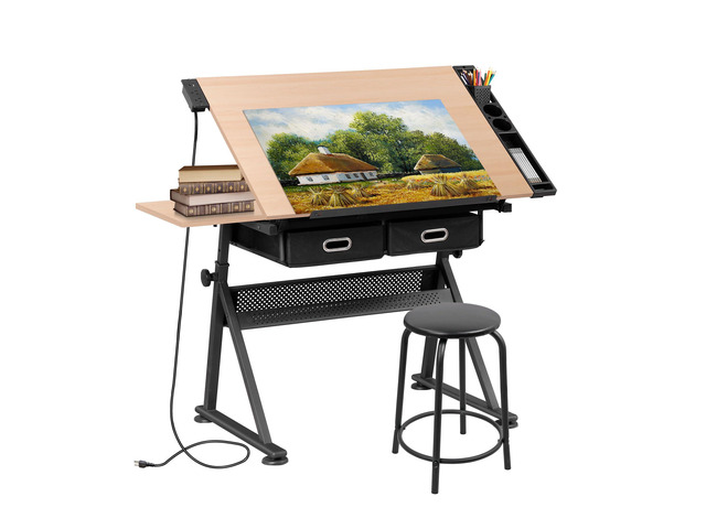 Drafting Table Set with Charging Station, Tilting Tabletop Adjustable Height Art Desk Multifunctional Craft Workstation with Stool, 2 Storage...