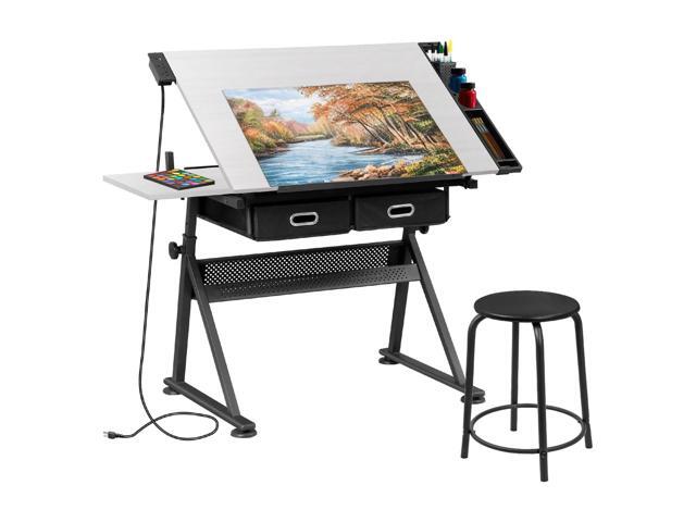 Adjustable Drafting Table Set with Charging Station, Tilting Drawing Desk Artist Desk with Stool Multifunctional Art Craft Workstation with 2...