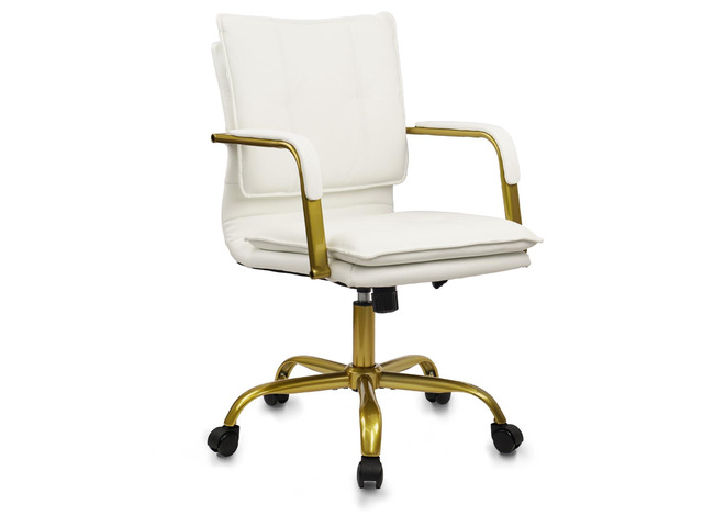 Leather Home Office Desk Chair, Swivel Mid-Back Computer Chair with Golden Legs and Arms, Comfy Upholstered Task Chair with Wheels, White