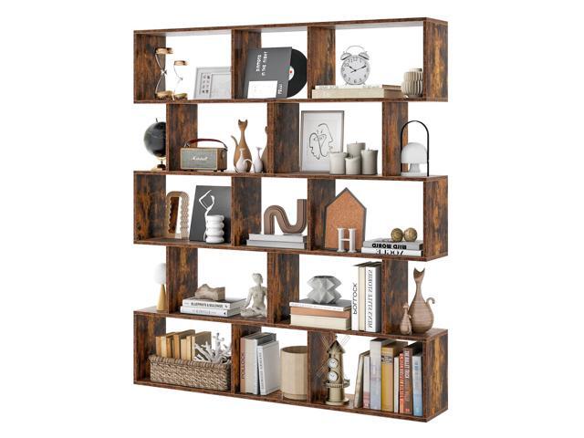 5-Tier Geometric Bookshelf Set of 2, 62.5' Tall Wood Industrial S-Shaped Bookcase with Anti-Tipping Device, Floor Standing Display Shelf for...