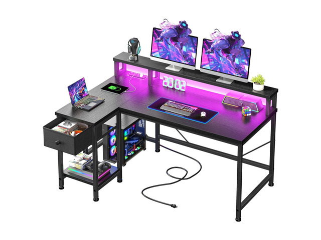 40' L- Shaped Gaming Desk with LED Lights & Power Outlet,Gaming Desk with Monitor Stand for Gamer,Home Office Desk with Drawer for Student Study...