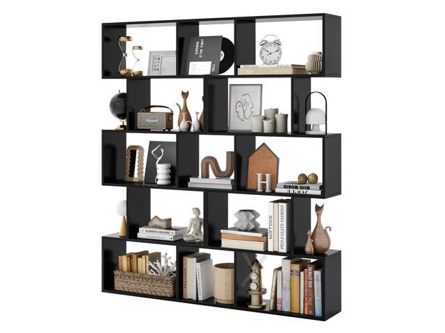 5-Tier Geometric Bookshelf Set of 2 Black, 62.5' Tall Wood S-Shaped Bookcase with Anti-Tipping Device, Floor Standing Display Shelf for Bedroom,.