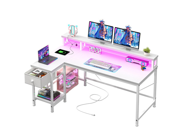 48' L- Shaped Computer Desk with LED Light and Power Outlet, Reversible Home Office Desk With Drawer and Shelf, Gaming Desk with Monitor Stand for...