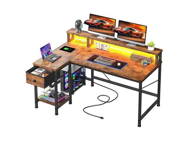 40' L- Shaped Computer Desk with LED Lights & Power Outlet,Gaming Desk with Monitor Stand for Gamer,Home Office Desk with Drawer for Student Study...