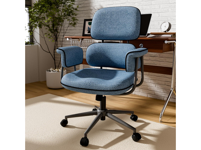 Blue Office Chair, Memory Foam Seat Mid Century Modern Desk Chair 3.9' Sloped U-Shaped Memory Foam Cushion, Granular Linen Fabric, Lumbar...