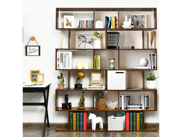 6 Tier S Shaped Bookshelf, 31.5''L x 9''W x 75''H, Wooden Bookcase and Bookshelves w/Anti-Toppling Device, Room Divider Display Shelves for Living...