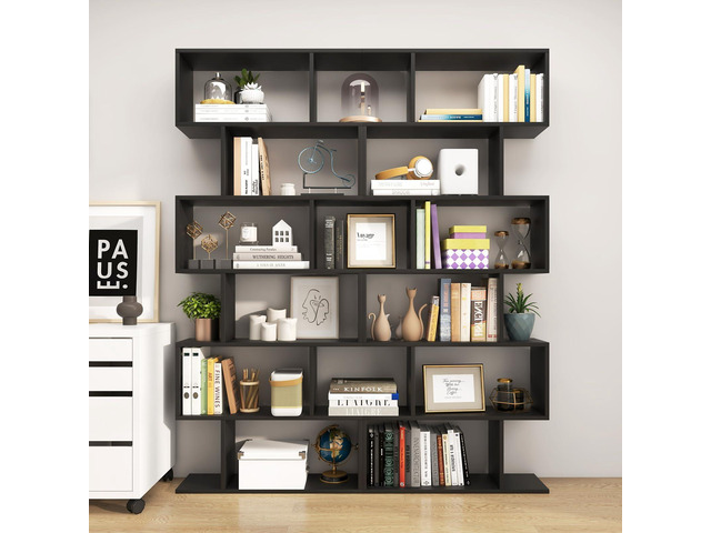6 Tier S Shaped Bookshelf, 31.5''L x 9''W x 75''H, Wooden Bookcase and Bookshelves w/Anti-Toppling Device, Room Divider Display Shelves for Living...