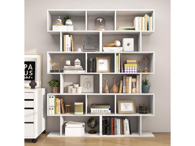 6 Tier S Shaped Bookshelf, 31.5''L x 9''W x 75''H, Wooden Bookcase and Bookshelves w/Anti-Toppling Device, Room Divider Display Shelves for Living.