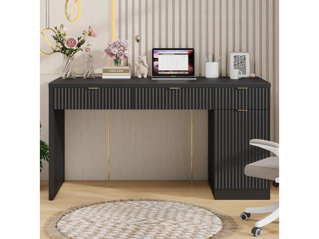 60' Executive Desk with Fluted Drawers, Wood Home Office Desk with Storage Cabinet, Fluted Reversible Computer Writing Desk for Study, Living Room,...