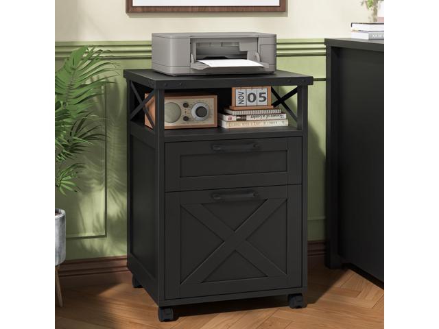 Farmhouse Filing Cabinet with Open Storage Space & Wheels, Office Filing Vertical Cabinet with 2 Drawers, Printer Stand for Hanging Files.