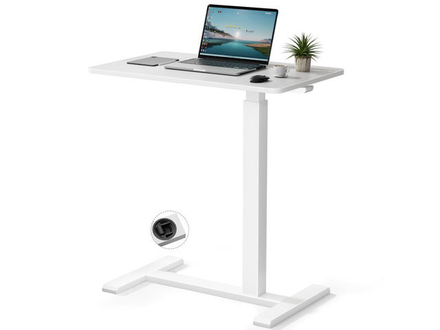 Rolling Teacher Standing Desk with Hidden Wheels,Pneumatic Mobile Laptop Table Height Adjustable Small Sit Standing Desk for Home Office,White