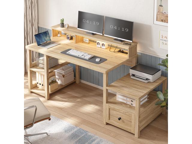 60.4' Farmhouse Computer Desk with Printer Shelf & Power Outlet, Home Office Desk with LED Light, Drawer, Monitor Stand, Study Desk, Work Desk for.