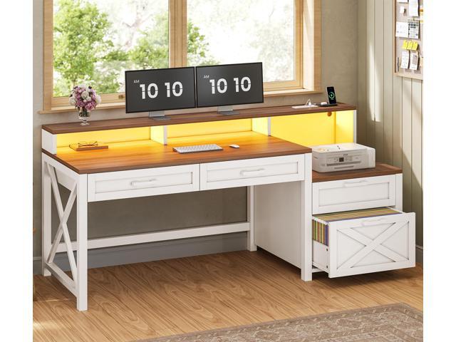Farmhouse Home Office Desk with File Drawer & Power Outlet, Computer Desk with 4 Drawer, Storage Shelves, Printer Cabinet and Monitor Shelf, Gaming...