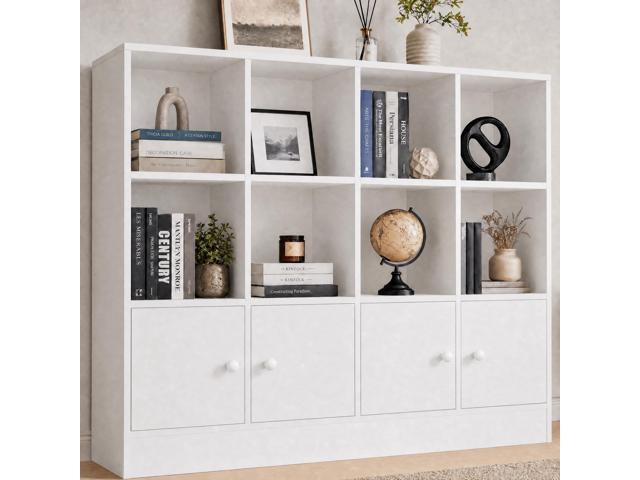 White Wood Bookcase, 12 Cube Display Shelf with 4 Doors, 3 Tier Open Bookshelf with Adjustable Shelves for Living Room, Home Office, Entryway