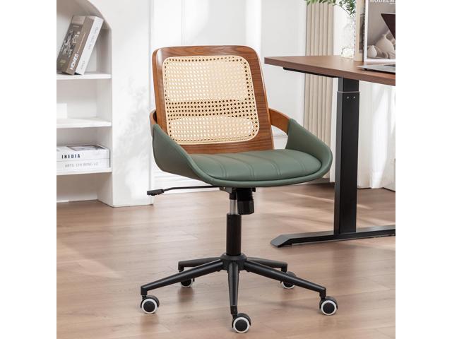 Home Office Desk Chair with Ergonomic Rattan Backrest, Walnut Crafts, Curved Arms, Faux Leather, Caster Wheels, Height Adjustable, Computer Chair...