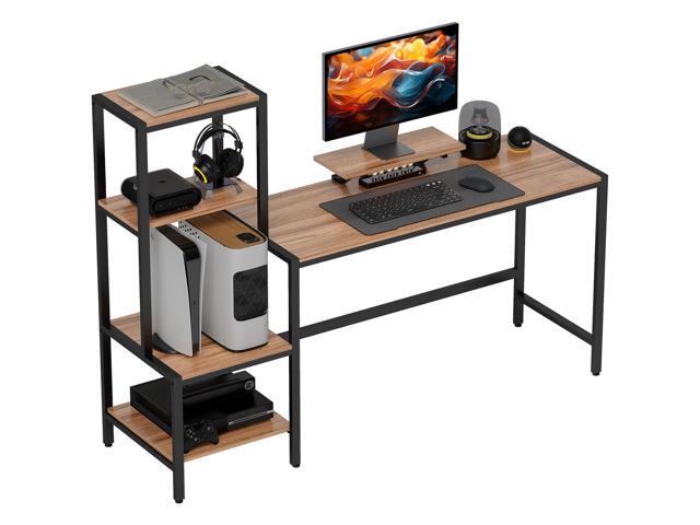 67' Gaming Desk, Reversible Computer Desk with Monitor Stand and 4-Tier Storage Shelves, for Home Office, Brown
