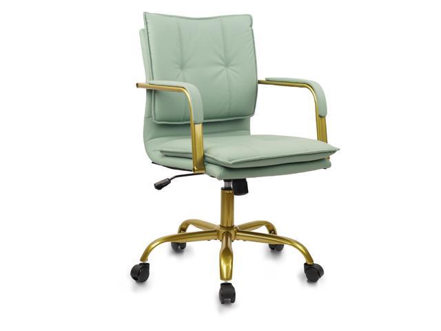 Leather Home Office Desk Chairs, Swivel Mid-Back Computer Chair with Golden Legs and Arms, Comfy Upholstered Task Chair with Wheels, Green