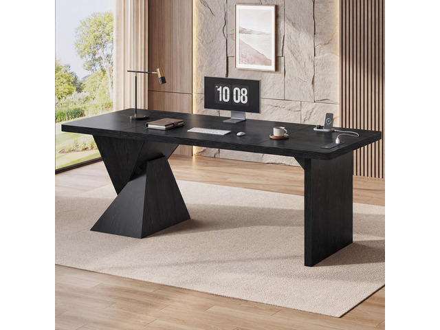70.9 Inch Executive Desk with Power Outlet, Large Home Office Desk, Modern Aesthetic Computer Writing Table Workstation Business Furniture,Black