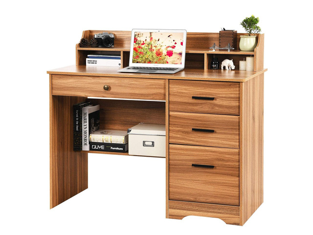 Computer Desk with 4 Drawers and Hutch, Home Office Desk with File Drawer, 44 Rustic Oak Wood Desk, Study Table for Bedroom, Rustic Oak