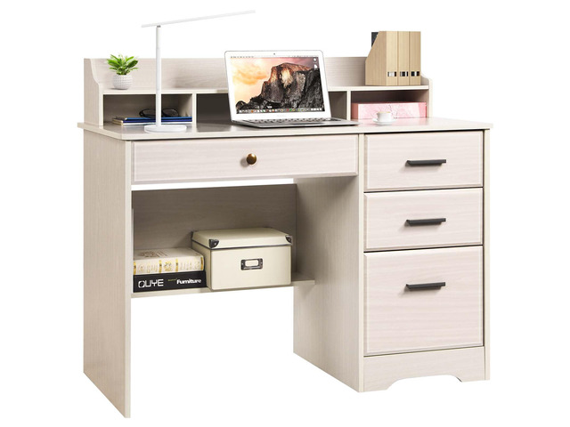 Computer Desk with Drawers and Hutch, Farmhouse Home Office Desk, Wood Student Desk with File Drawer for Bedroom, Writing Table for Small Space,...