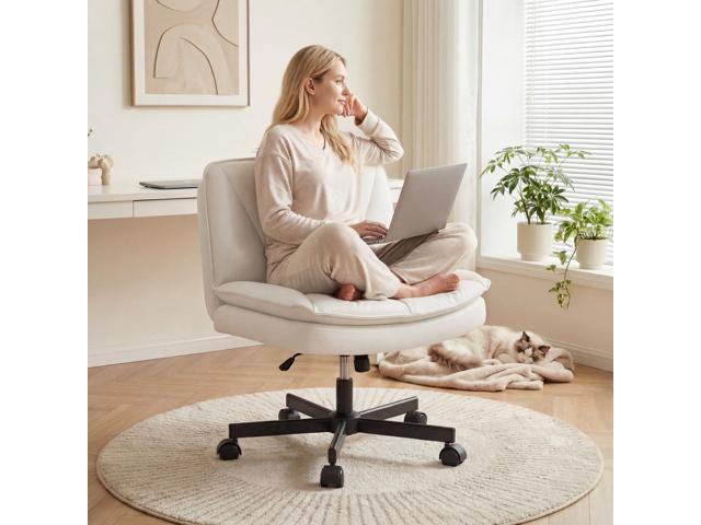 Criss Cross Office Chair, 26.38' Wide Seat for Cross Legged Sitting, Armless Swivel Desk Chair with 300 lbs Capacity, 2-Layer PU Leather, Beige