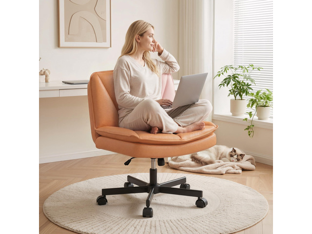 Criss Cross Chair with Wheels,Cross Legged Office Chair with 2 Layer Cushion,Comfy Wide Seat,Adjustable,Leather,Amless, for Home,Office,Bed Room...