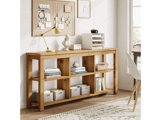 Solid Wood Horizontal Bookcase with Adjustable Shelves, 6 Cubes Storage Organizer Long Bookshelf, Farmhouse Low Cubby Bookcase for Living Room,...