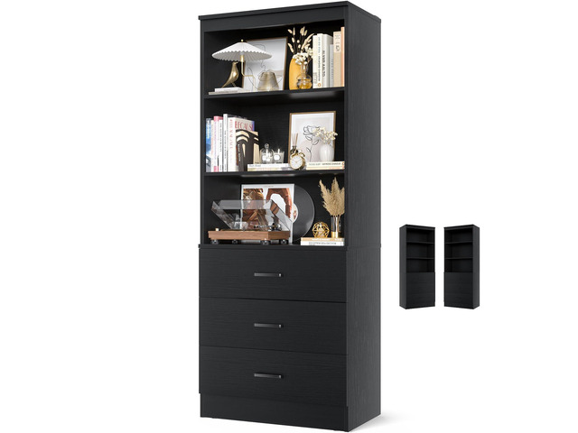 71 Inches Bookshelf with Drawers, Wooden Bookcase with Open Shelves, 6-Tier Tall Storage Cabinet Book Shelf Storage Organizer for Living Room, Home...