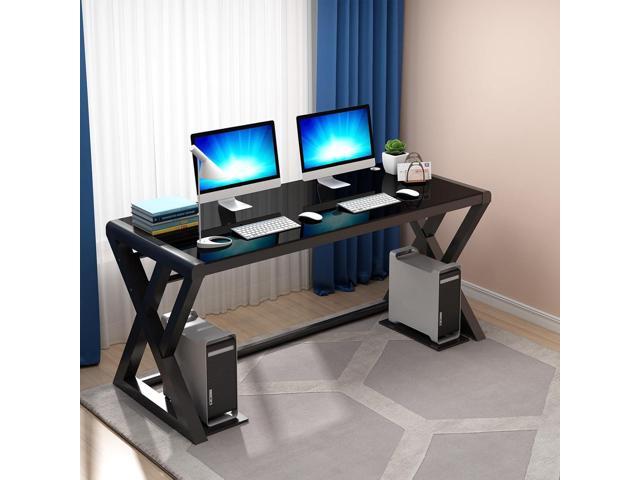 Computer Desk Home Office Desks, 55.1 Inch Modern Simple Office Black Glass Desk Computer Table Study Gaming Writing Desk, Fashion Strength...