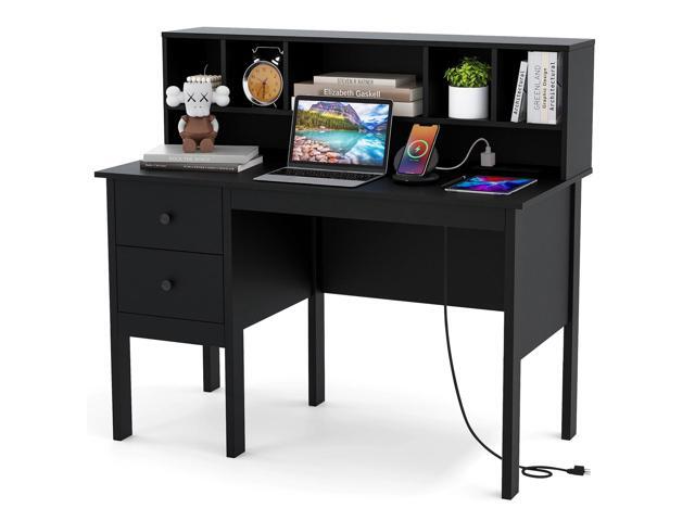 Black Desk with Drawers & Hutch, Modern Home Office Desk with Power Outlets, USB Ports & Type-C, Writing Study Desk with 5-Cubby Hutch, Computer.