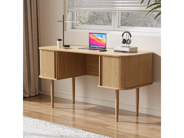 55' Modern Writing Desk with Storage, Wood Home Office Desk with Sliding Doors, Computer Desk for Home Office, Dorm, Living Room, Home Study Table,...