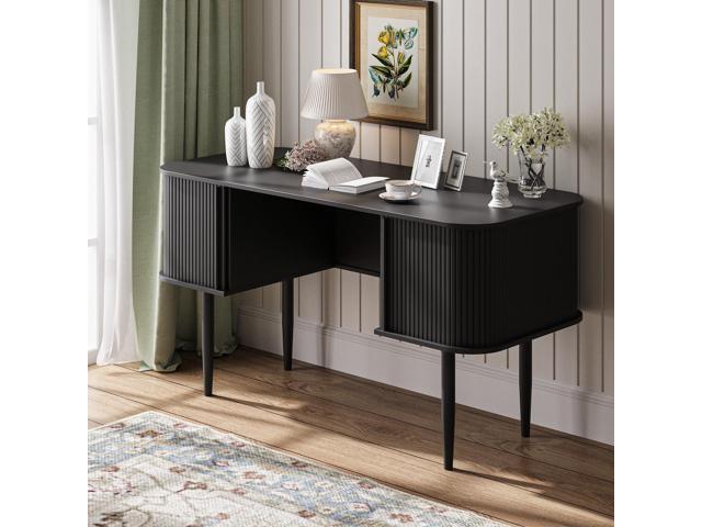 55' Modern Writing Desk with Storage, Wood Home Office Desk with Sliding Doors, Computer Desk for Home Office, Dorm, Living Room, Home Study Table,.