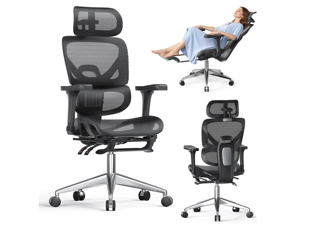 Ergonomic Office Chair, High Back Mesh Desk Chair, 350lbs Capacity, Lumbar Support, 3D Armrest Headrest, Footrest, PU Wheels, Swivel Computer Chair...