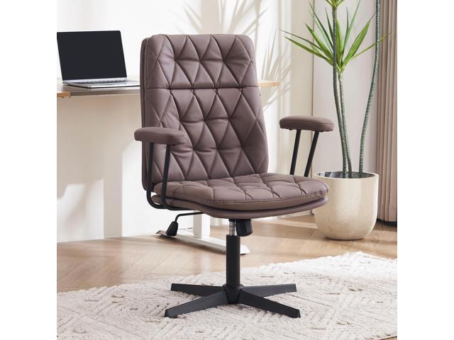 Criss Cross Chair with Arms Home Office Desk Chair No Wheels Adjustable Thick Cushioned Swivel Accent Makeup Chair Brown