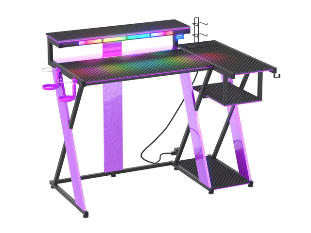 Computer Desk with Music Sync Light, Flow Vibe Corner Gaming Desk with Monitor Stand and PS5 Storage Shelves, Cup Holders, and Headset Hooks for...