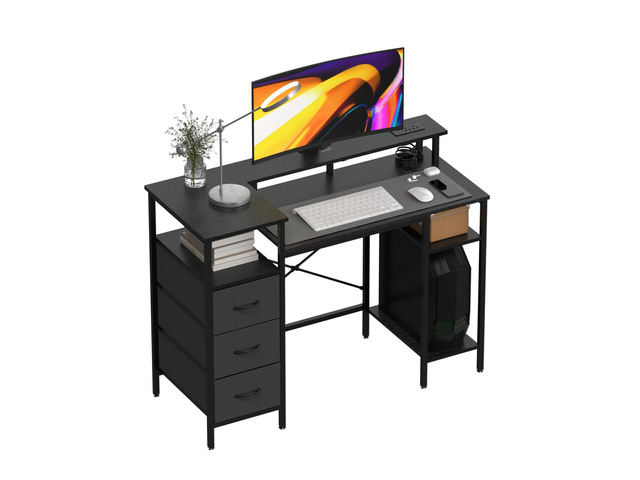 47 Inch L-Shaped Computer Desk, Small Computer Gaming Desk with Fabric Drawers & Storage Shelves, Charging Station, Monitor Stand for Home, Office,...