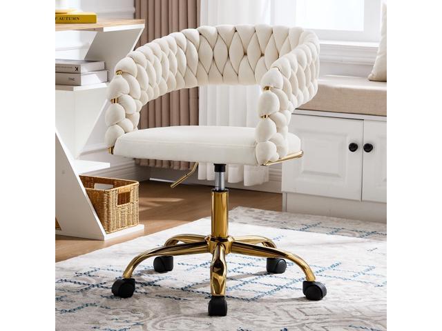 Woven Home Office Chair, Velvet Upholstered Desk Chair with Open Back, Height Adjustable Task Chair, Office Armchair with Wheels, Vanity Chair,...