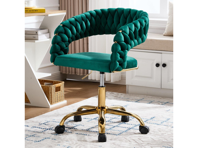 Woven Home Office Chair, Velvet Upholstered Desk Chair with Open Back, Height Adjustable Task Chair, Computer Chair with Wheels, Office Armchair,...