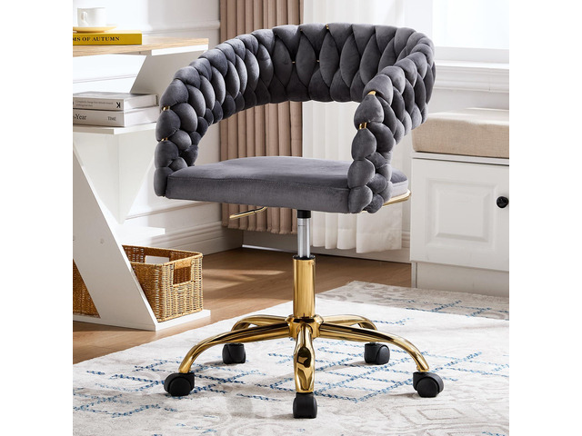 Woven Home Office Chair, Velvet Upholstered Desk Chair with Open Back, Height Adjustable Task Chair, Computer Chair with Wheels, Office Armchair,...